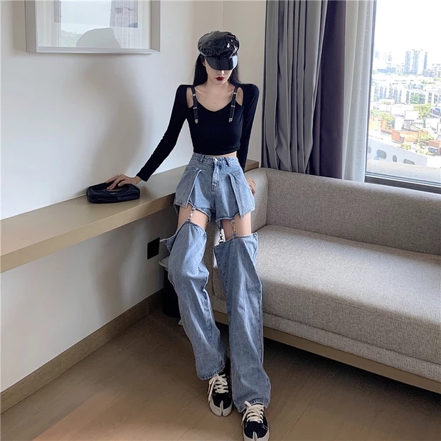 Girls Grunge Punk Sexy Streetwear Detachable Denim Pants  |  Denim Clothing Denim