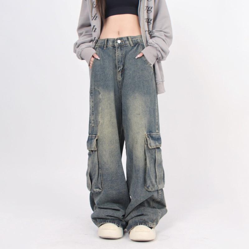 Girls Grunge Punk Vintage Distressed Wide Leg High-Waisted Cargo Pocket Capri Jeans  |  Denim Clothing Denim